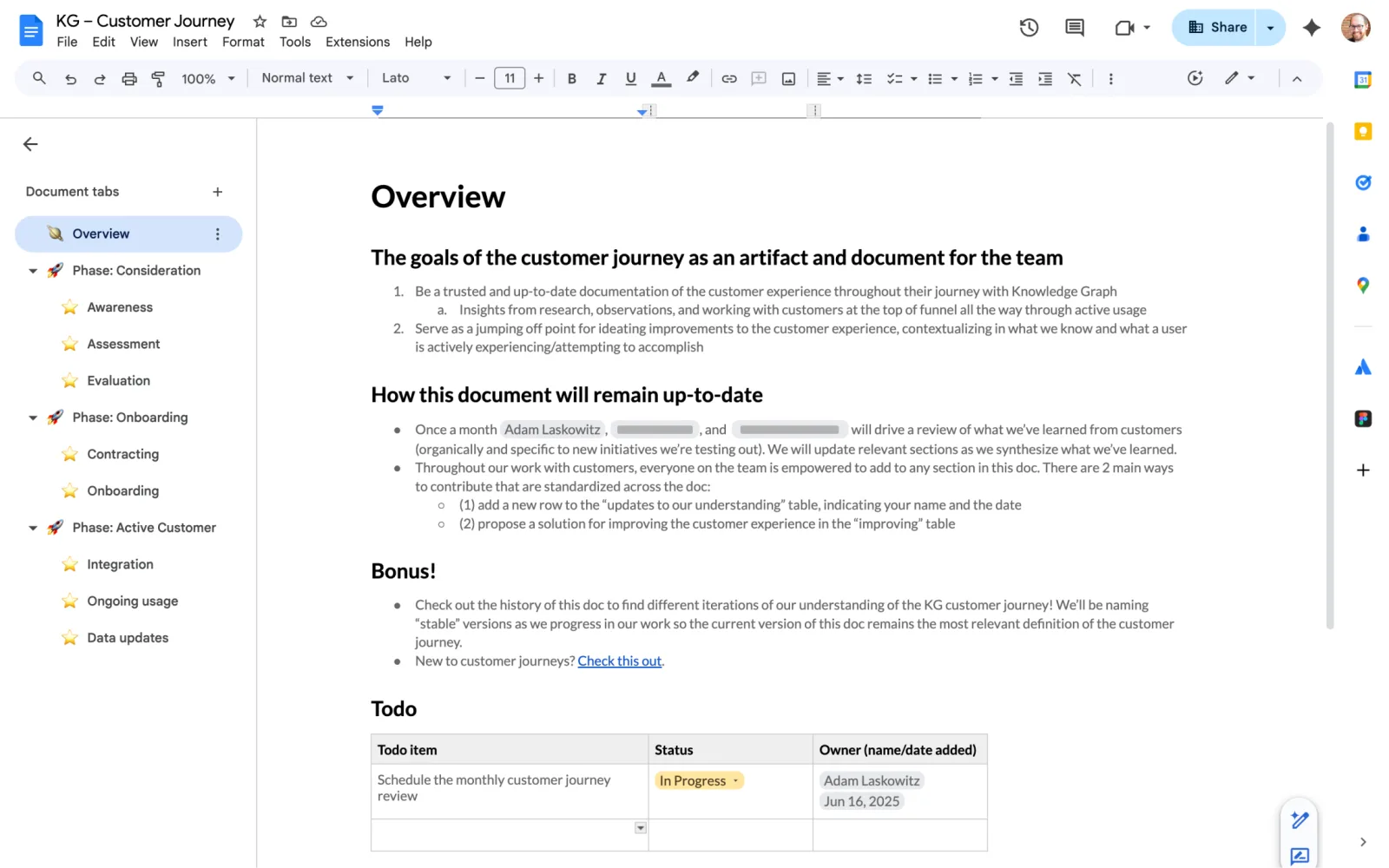 Google Doc form of a customer journey I synthesized with team input and collaboration.