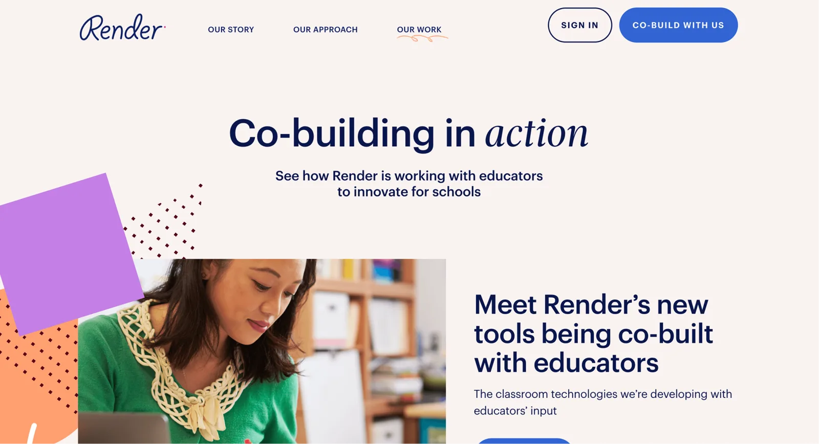 Render homepage, the co-building program where Math Tailor piloted.
