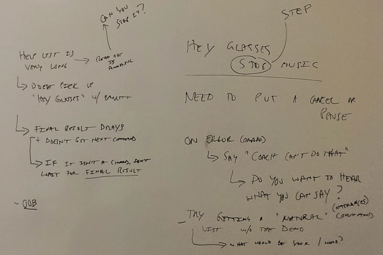 Whiteboard notes from reviewing user interviews with the team, noting the impacts of the mocked untethered experiential constraints